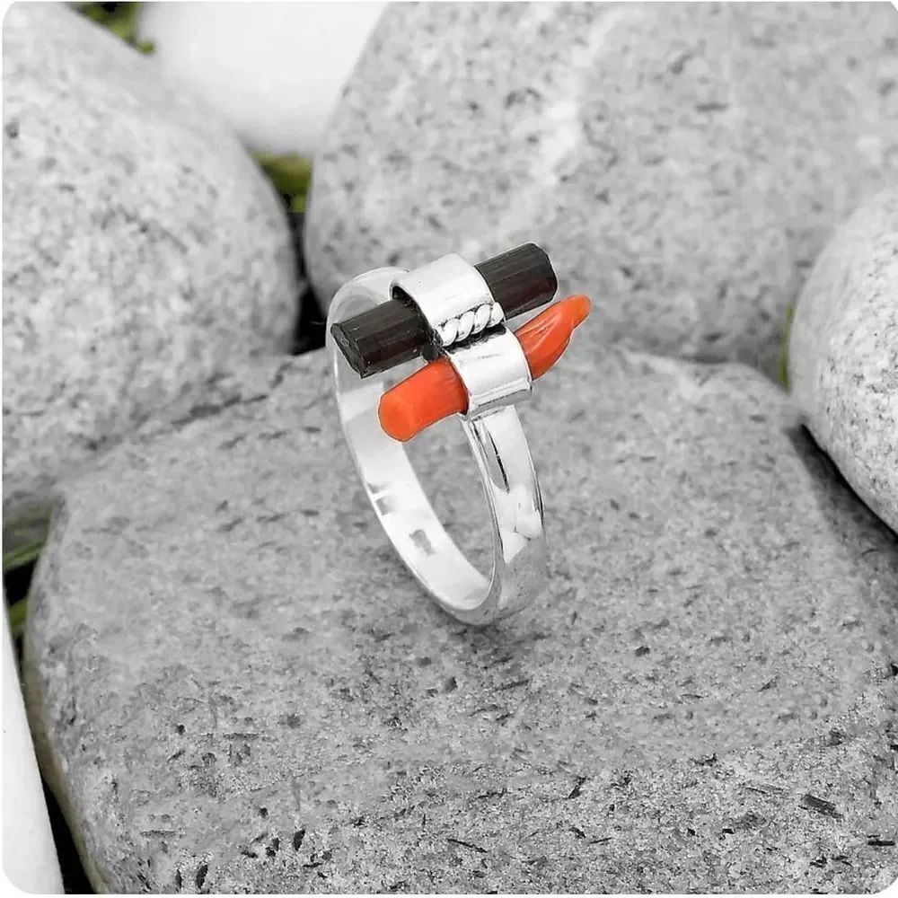 Green Tourmaline Stick & Coral Stick Sterling Silver Ring Size 7.5